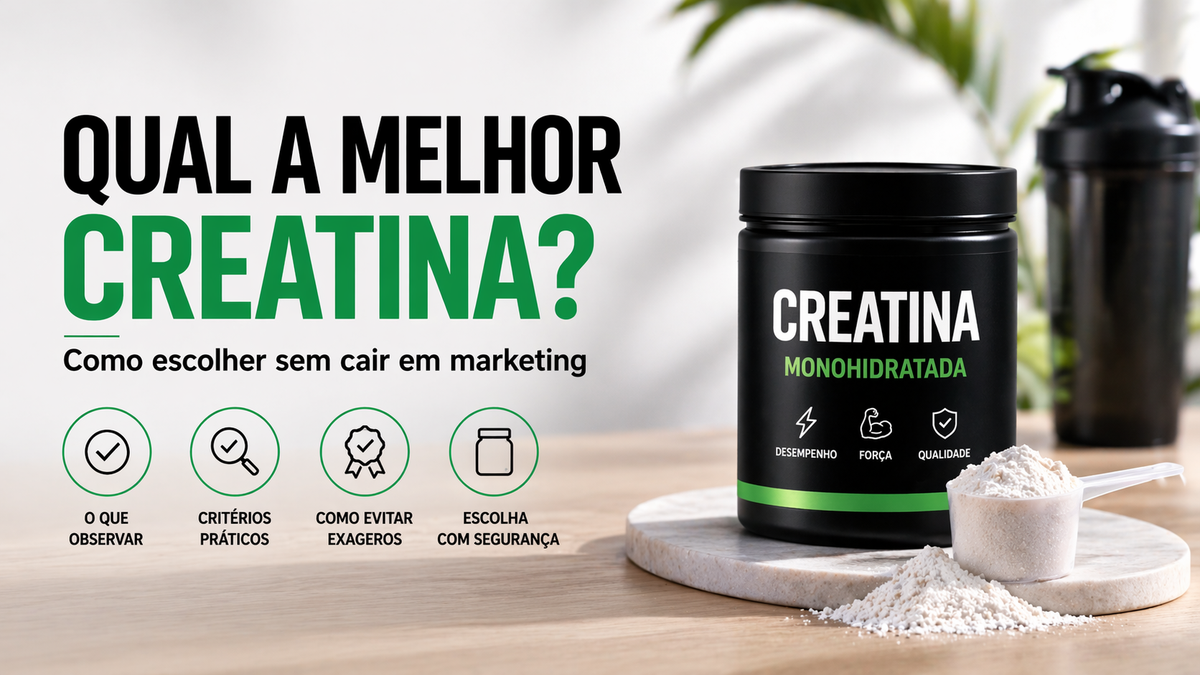 Pote de creatina monohidratada ao lado de um dosador cheio, sob o título Qual a melhor creatina? Como escolher sem cair em marketing