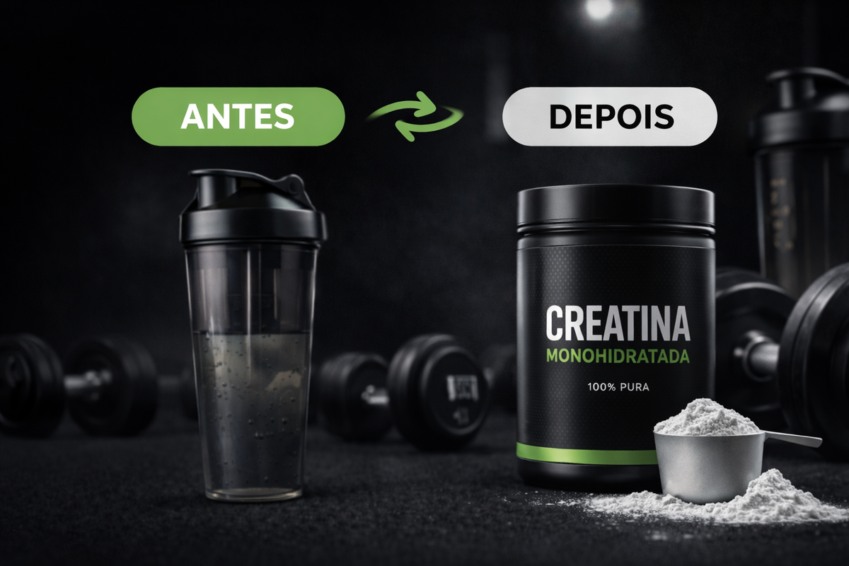 Coqueteleira e pote de creatina monohidratada sobre fundo escuro de academia, sob os rótulos ANTES e DEPOIS ligados por uma seta