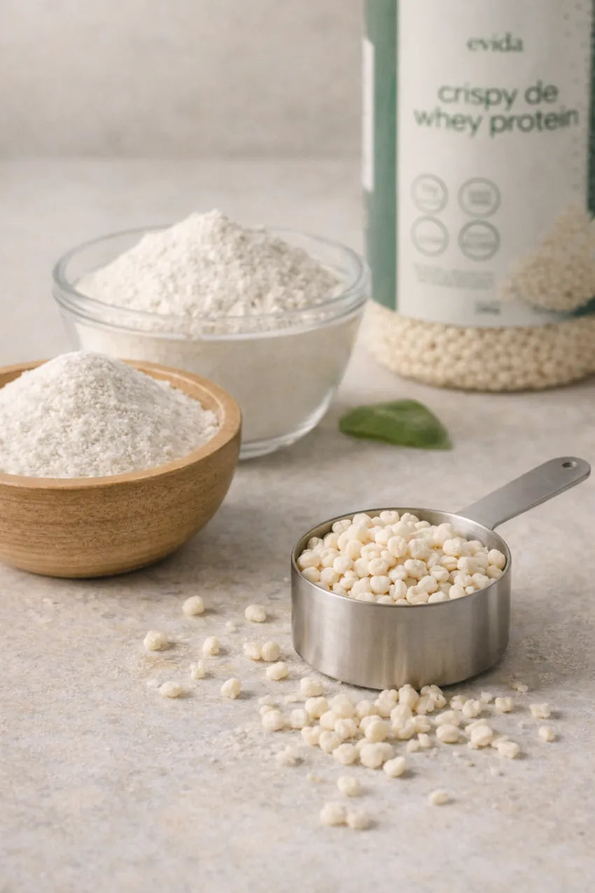 Tigela de madeira com whey protein em pó e um dosador cheio de crispy de whey, ao lado da embalagem do produto