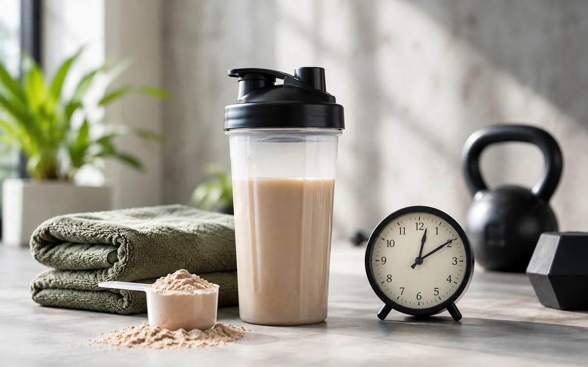 Coqueteleira com whey protein ao lado de um despertador, kettlebell e toalha, ilustrando o timing pós-treino