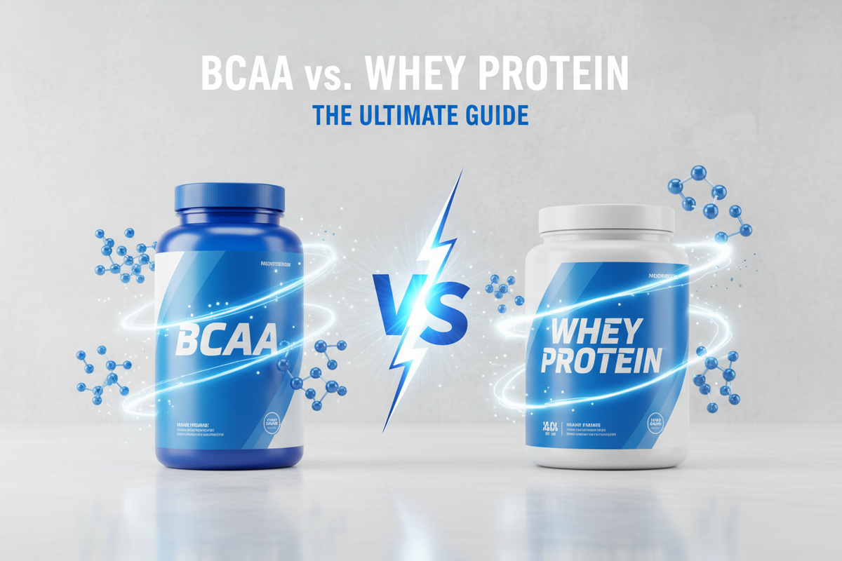 Ilustração comparativa com um pote de BCAA e um pote de whey protein separados por um versus, sob o título BCAA vs. Whey Protein