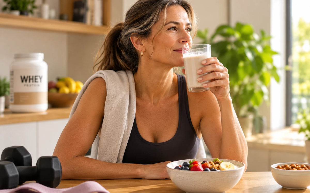 Mulher na faixa dos 40 anos toma um shake de proteína na cozinha, com toalha no ombro e halteres sobre a mesa