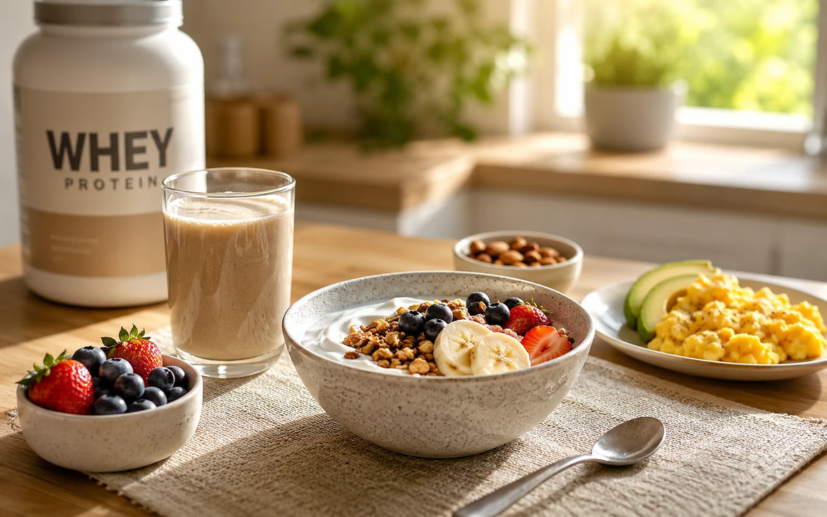 Mesa de café da manhã com shake de whey, bowl de iogurte com granola e frutas, ovos mexidos e abacate