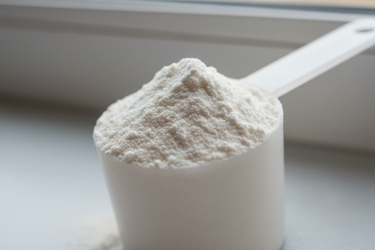 Close de um dosador transparente cheio de whey protein em pó branco