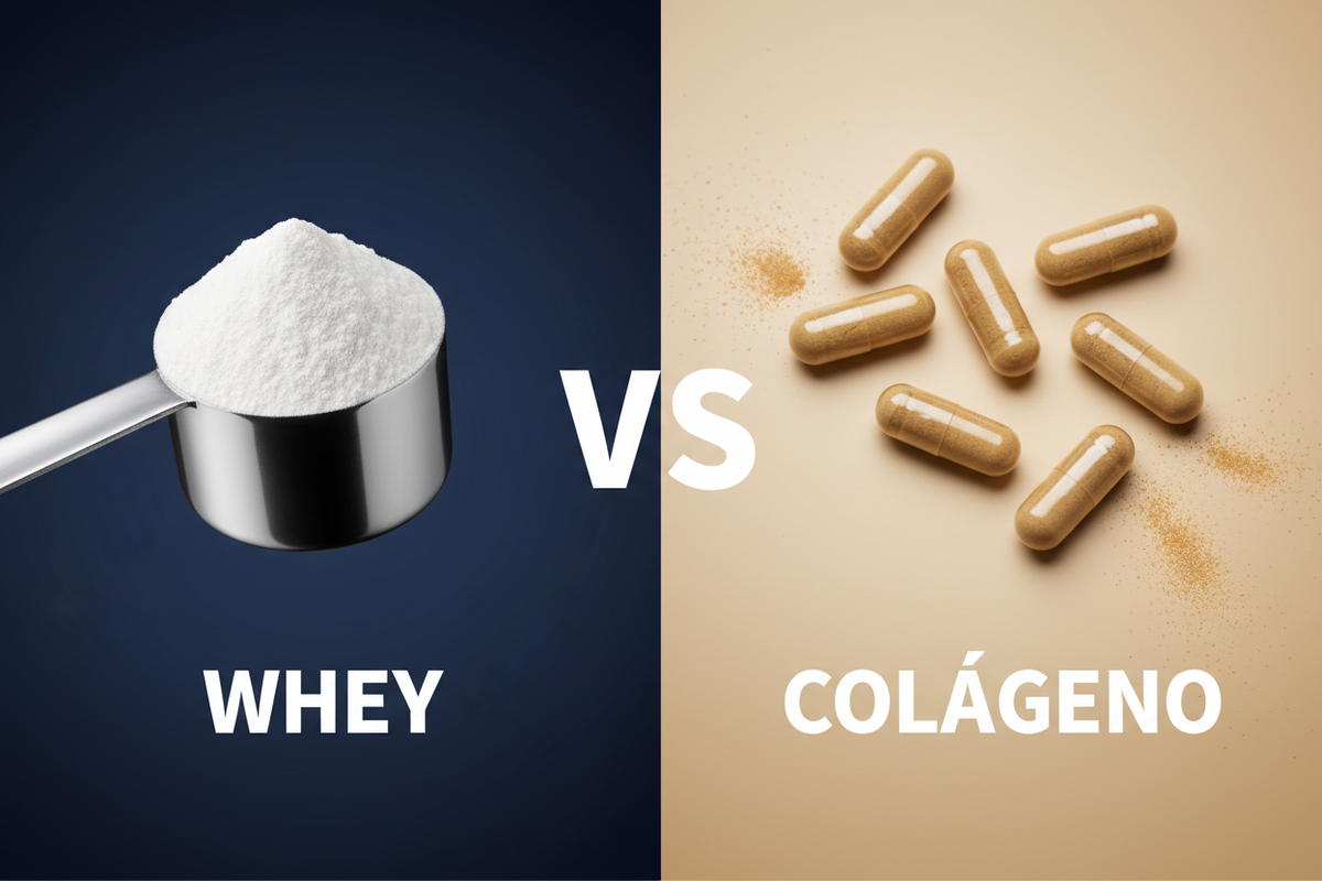 Comparativo dividido ao meio: à esquerda, dosador com whey protein em pó e a palavra WHEY; à direita, cápsulas de colágeno e a palavra COLÁGENO