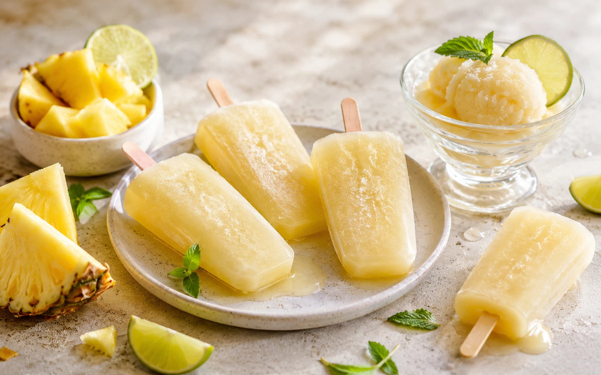 Picolés proteicos de abacaxi com limão em um prato, ao lado de uma taça de sorbet e frutas frescas