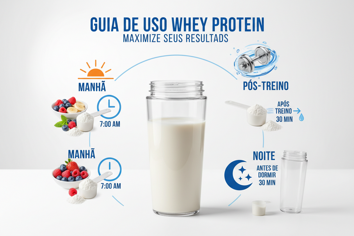 Infográfico Guia de uso whey protein, com um copo ao centro e os momentos indicados ao redor: manhã, pós-treino e antes de dormir