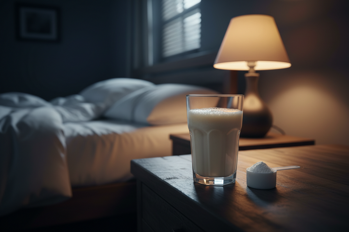 Copo de whey protein e um dosador sobre a mesa de cabeceira de um quarto à noite, com abajur aceso e a cama ao fundo