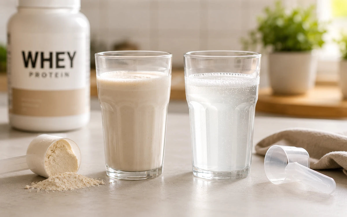 Dois copos lado a lado comparando whey protein preparado com leite e whey preparado com água