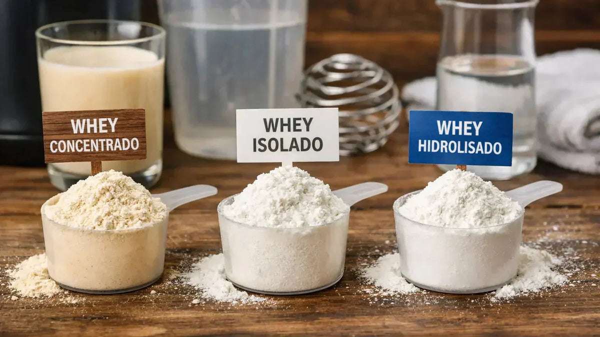 Três dosadores com whey protein em pó lado a lado, identificados como whey concentrado, whey isolado e whey hidrolisado