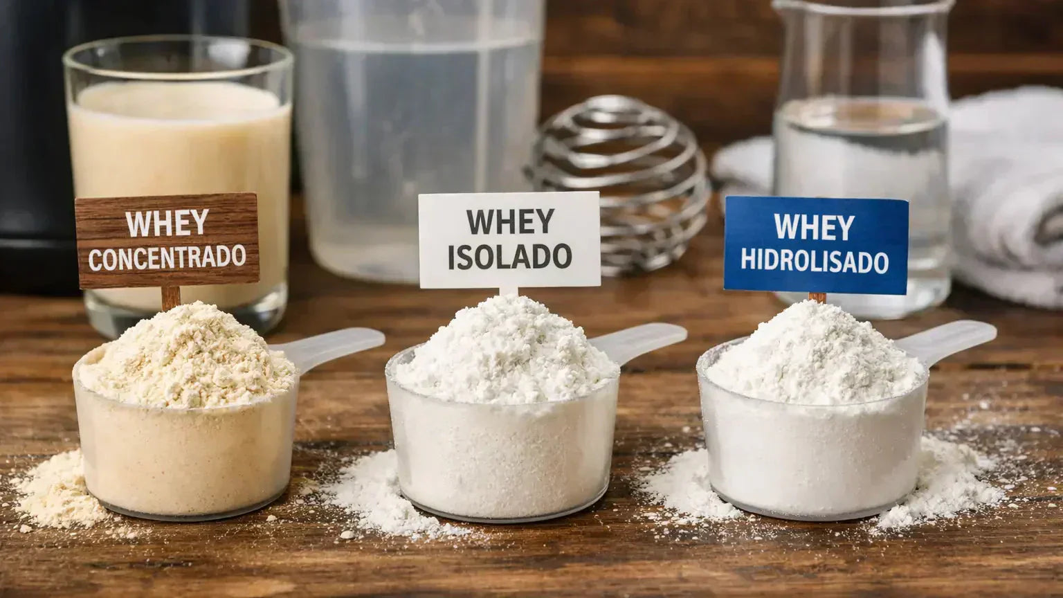 Três dosadores com whey protein em pó lado a lado, identificados como whey concentrado, whey isolado e whey hidrolisado