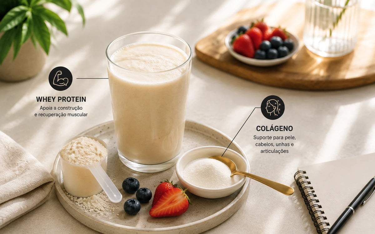 Copo de shake entre dois rótulos que comparam whey protein e colágeno, com dosador de whey, tigela de colágeno em pó e frutas vermelhas ao redor