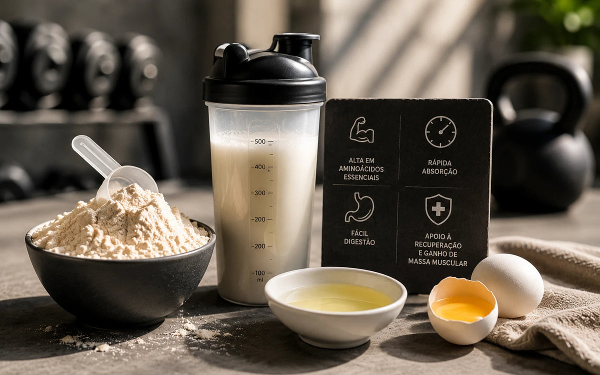 Tigela de whey protein em pó, coqueteleira e ovo aberto, comparando as duas fontes de proteína