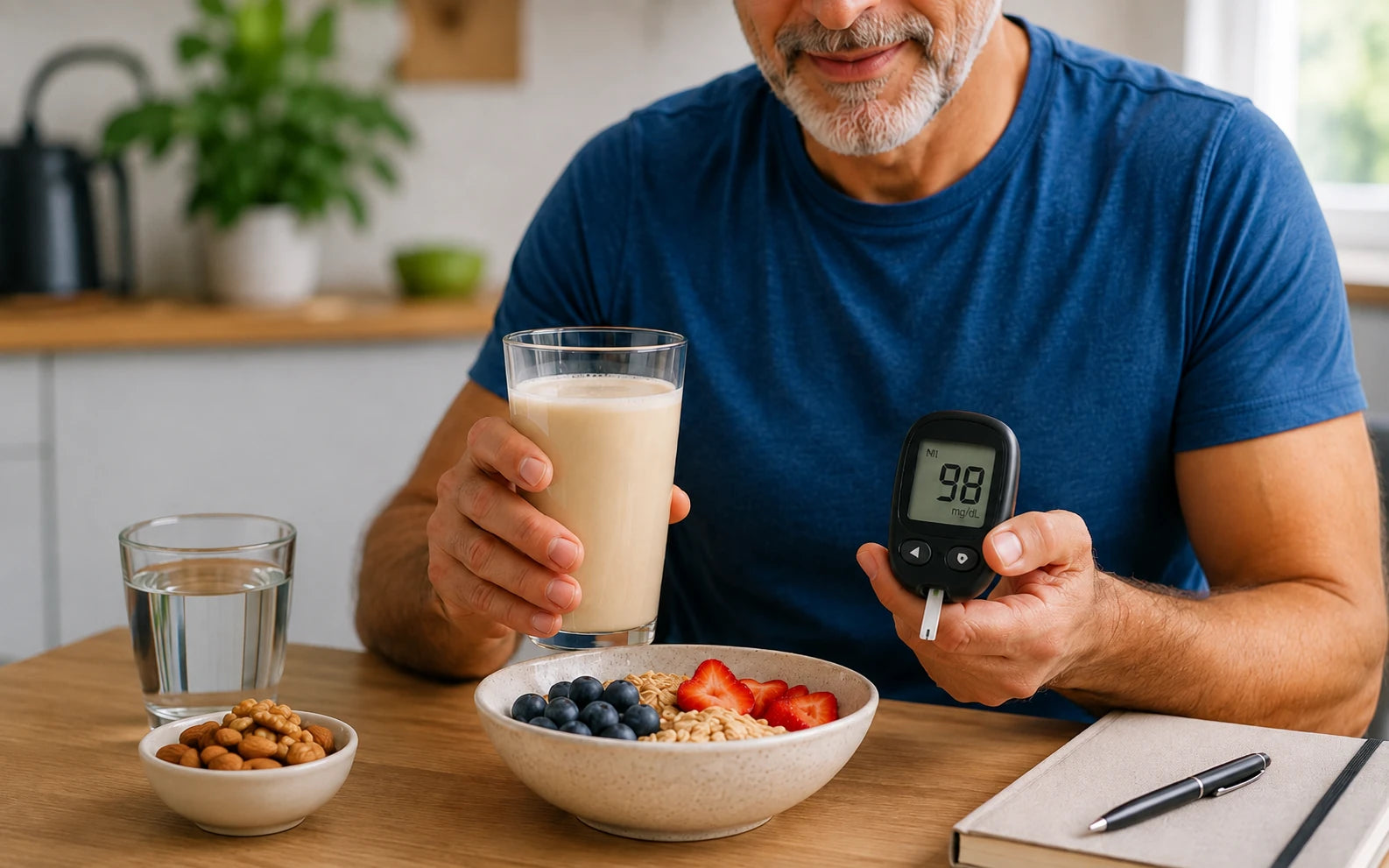 Homem à mesa da cozinha com um copo de whey protein e um glicosímetro marcando 98, ao lado de um bowl de aveia com frutas vermelhas e um pote de castanhas