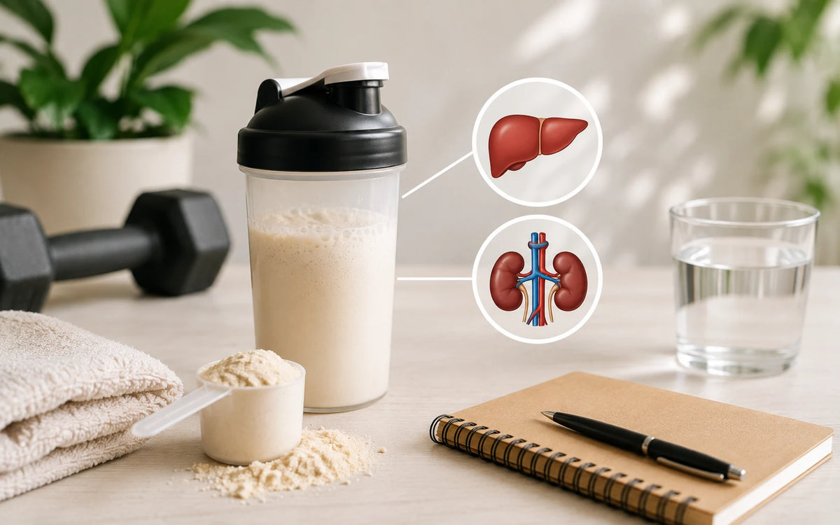 Coqueteleira de whey protein ao lado de ilustrações destacadas de fígado e rins, com halter, copo de água e caderno sobre a mesa