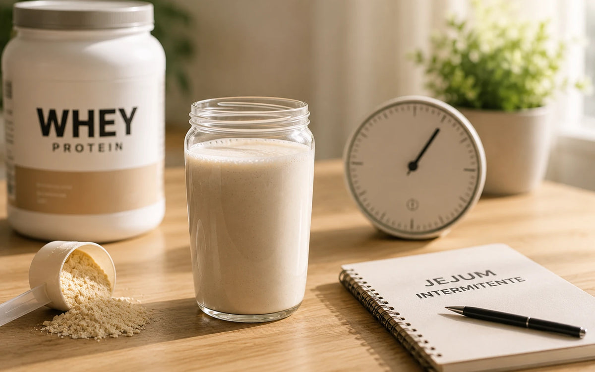 Copo de whey protein ao lado de um relógio e de um caderno com a anotação jejum intermitente