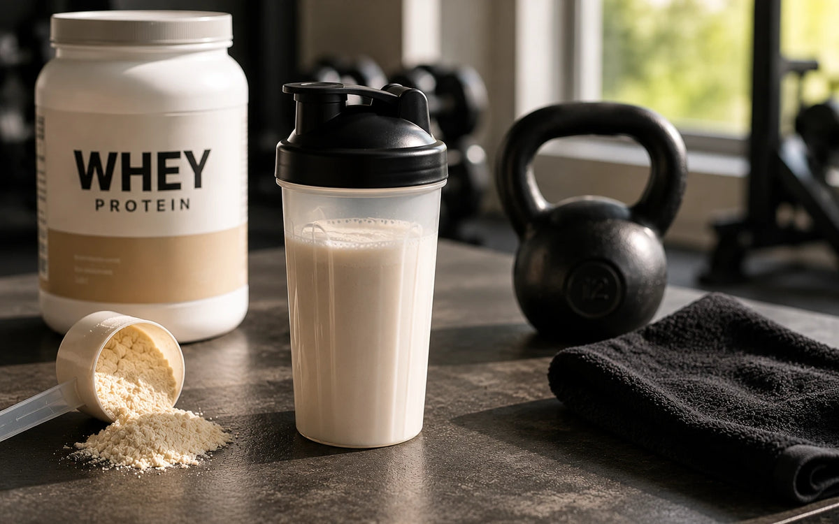 Pote de whey protein, coqueteleira cheia e kettlebell sobre a bancada de uma academia