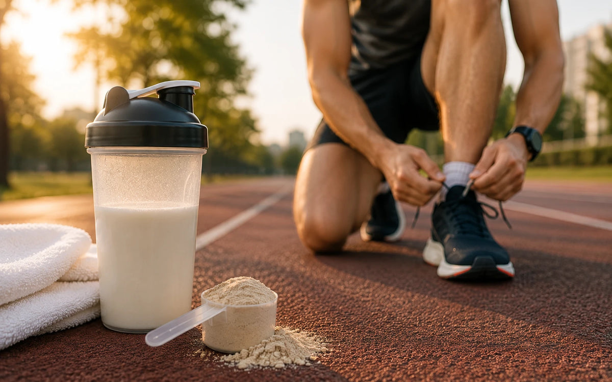 Corredor amarra o tênis em uma pista de atletismo ao amanhecer, com coqueteleira de whey protein e dosador em primeiro plano