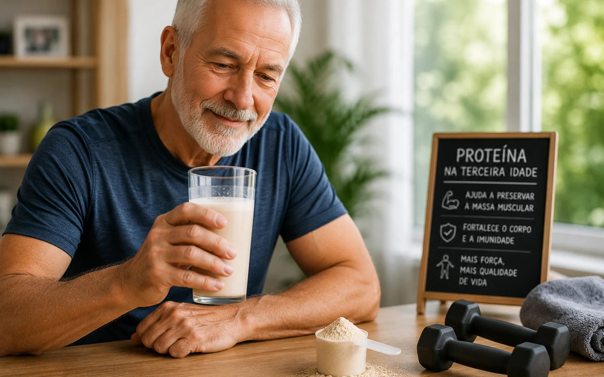 Homem idoso à mesa segura um copo de whey protein, ao lado de um quadro com os benefícios da proteína na terceira idade e um par de halteres