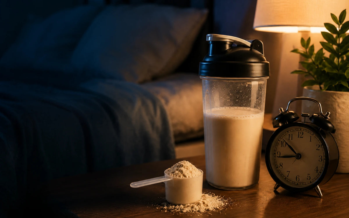 Coqueteleira de whey protein sobre a mesa de cabeceira à noite, ao lado de um despertador e de um abajur aceso, com a cama ao fundo