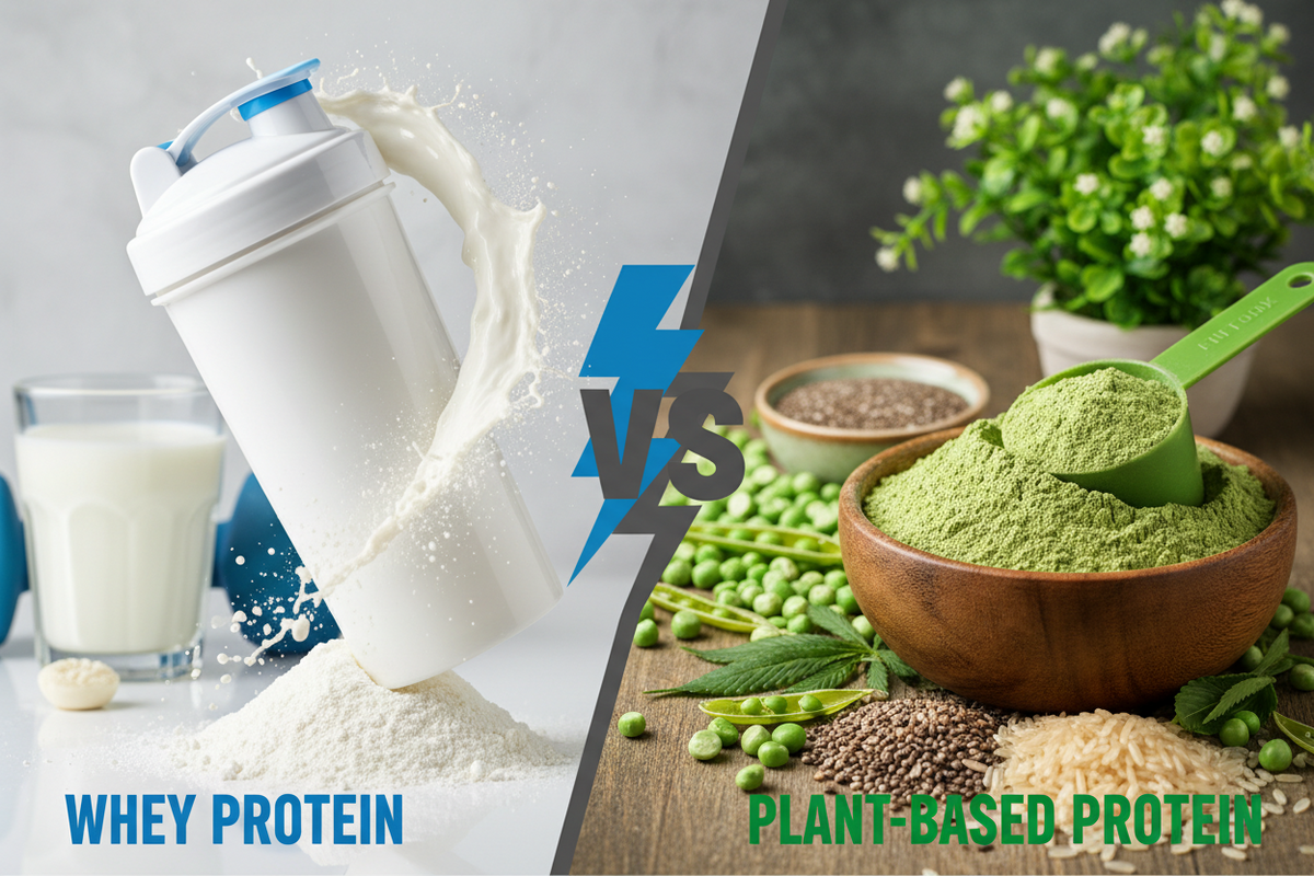 Comparativo dividido: de um lado leite e coqueteleira com whey protein; do outro, tigela de proteína vegetal em pó com ervilhas e sementes