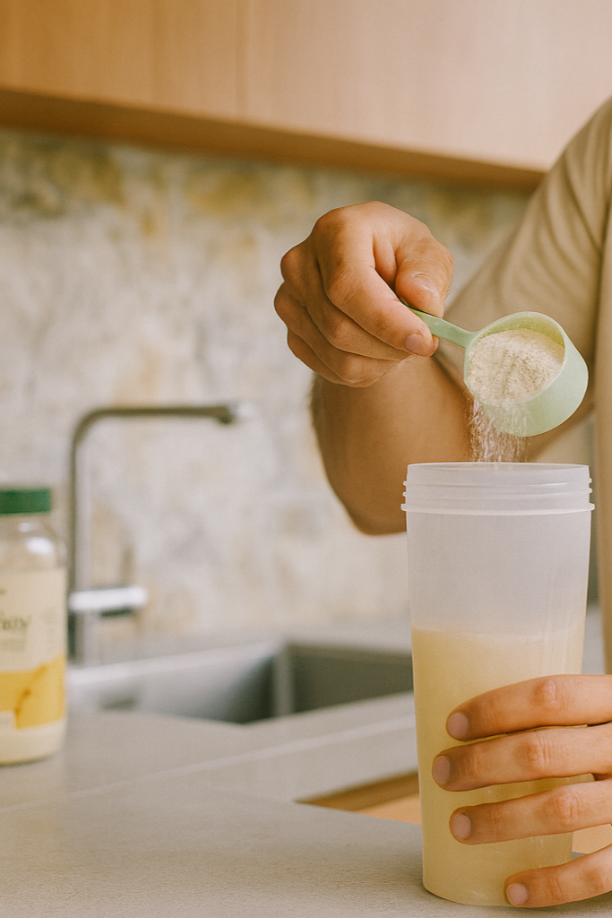 A person scooping powder into a clear shaker bottle with a kitchen countertop and sink in the background.