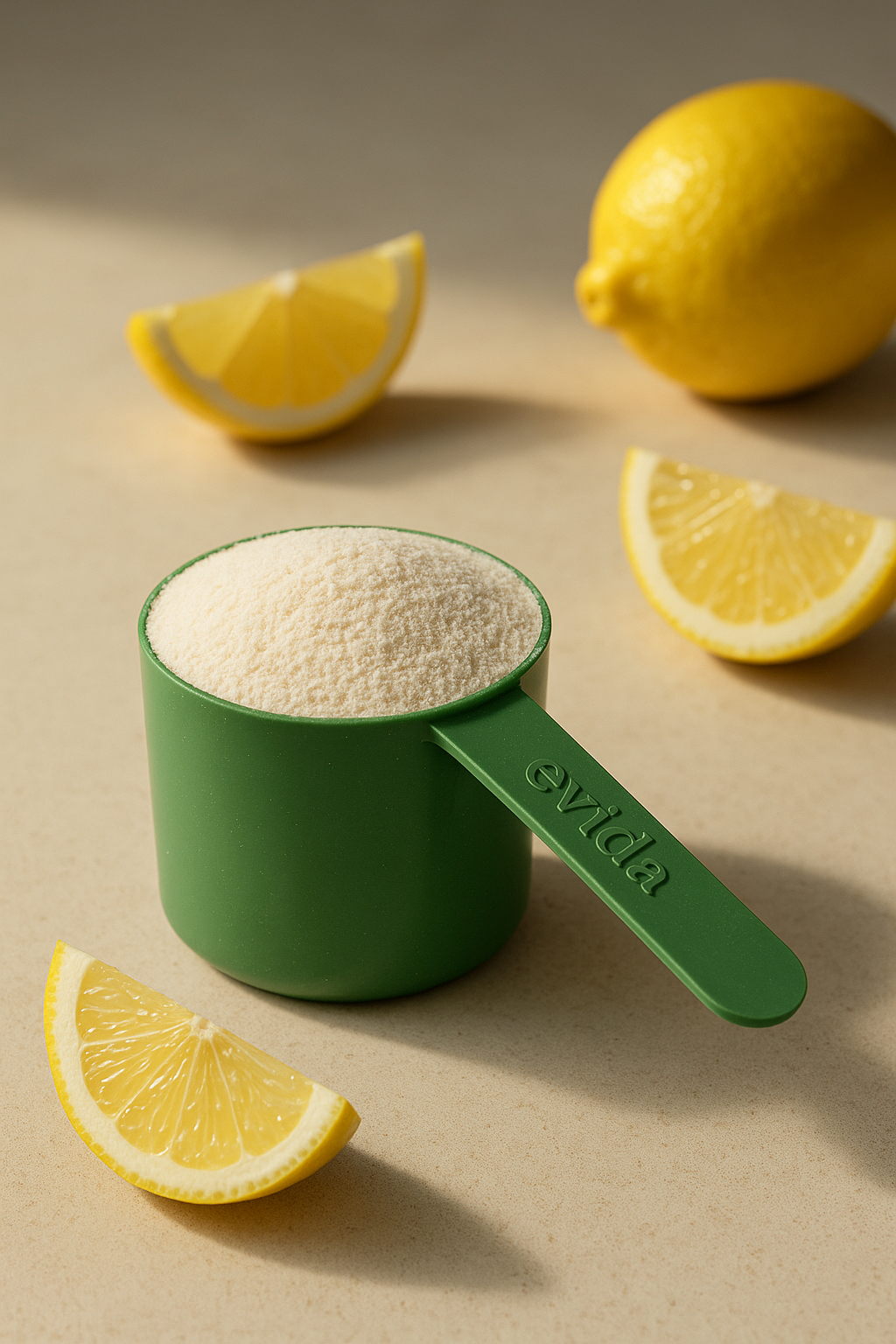 Green measuring scoop filled with powder surrounded by lemon wedges and a whole lemon on a beige surface